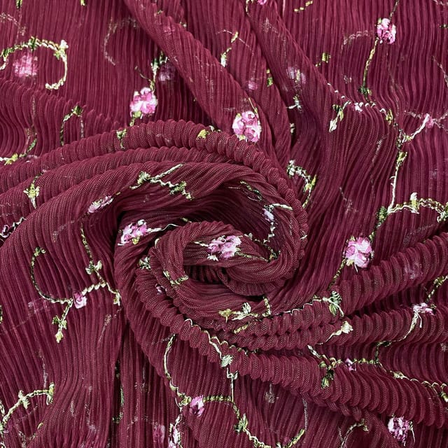 Maroon Colour Pleated Embroidered Fabric