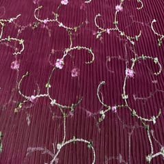 Maroon Colour Pleated Embroidered Fabric