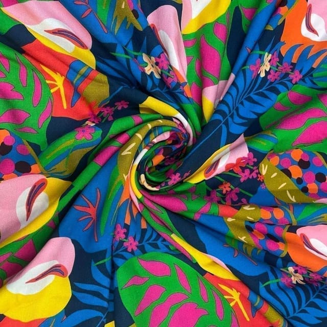 Navy Blue MultiColour Floral Rayon Printed Fabric