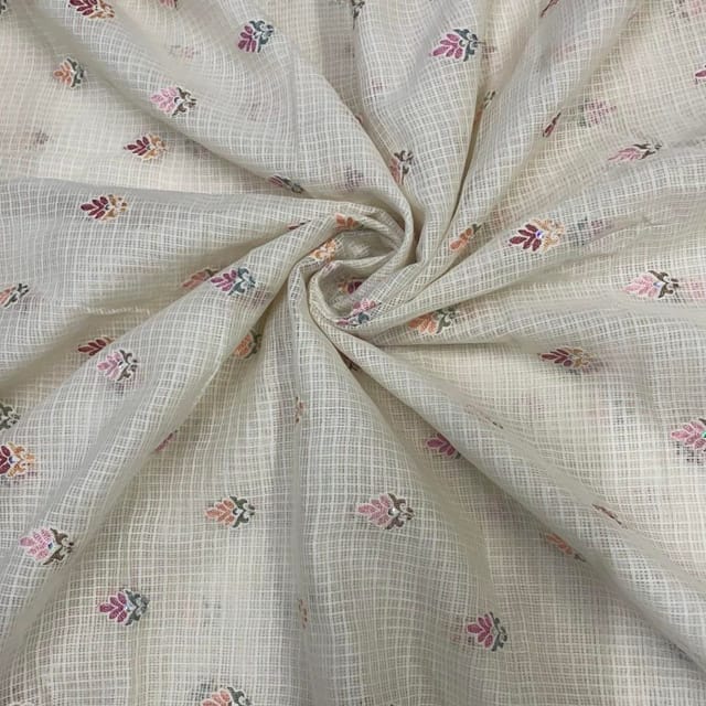Cream Leaves Cotton Kota checks Embroidered Fabric