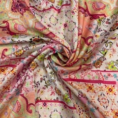 White MultiColour Geometric Pure Chanderi Printed Fabric