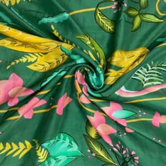 Green Colour Floral Pure Dupion Silk Print Fabric