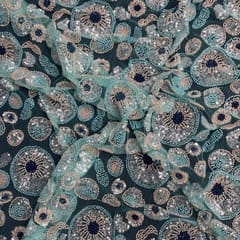 Aqua Blue Colour Geometric Cut Dana Embroidered Fabric