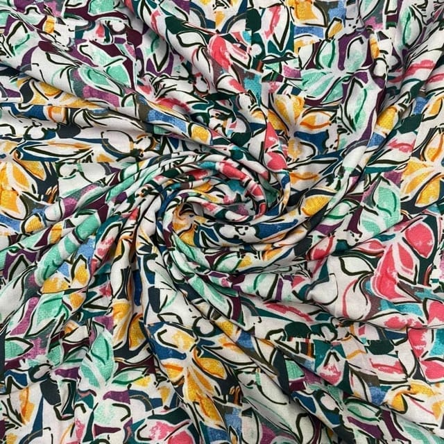 White MultiColour Leaves Rayon Printed Fabric
