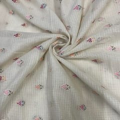 Cream Leaves Cotton Kota checks Embroidered Fabric
